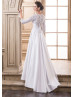 Three Quarter Sleeves White Lace Satin Wedding Dress